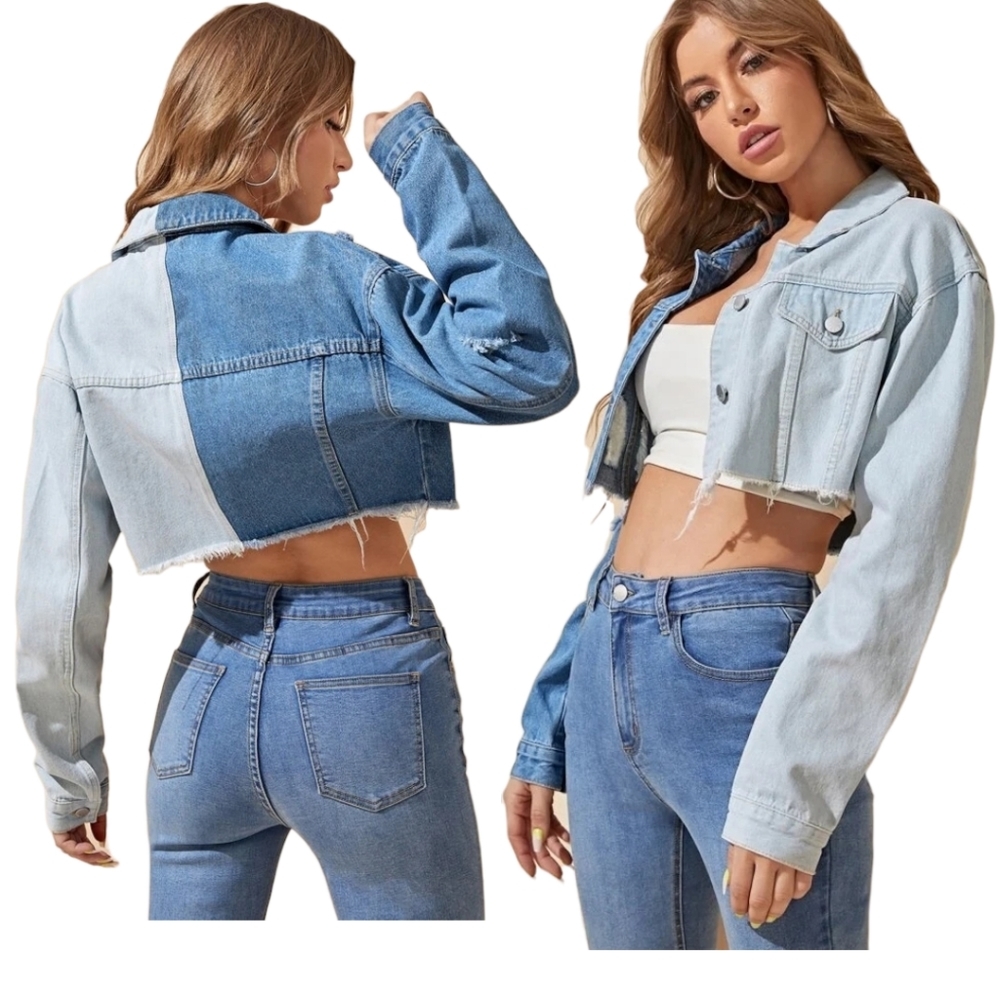 REFUGE Two Tone Raw Hem Flap Pocket Crop Denim Jacket Large New With Tags